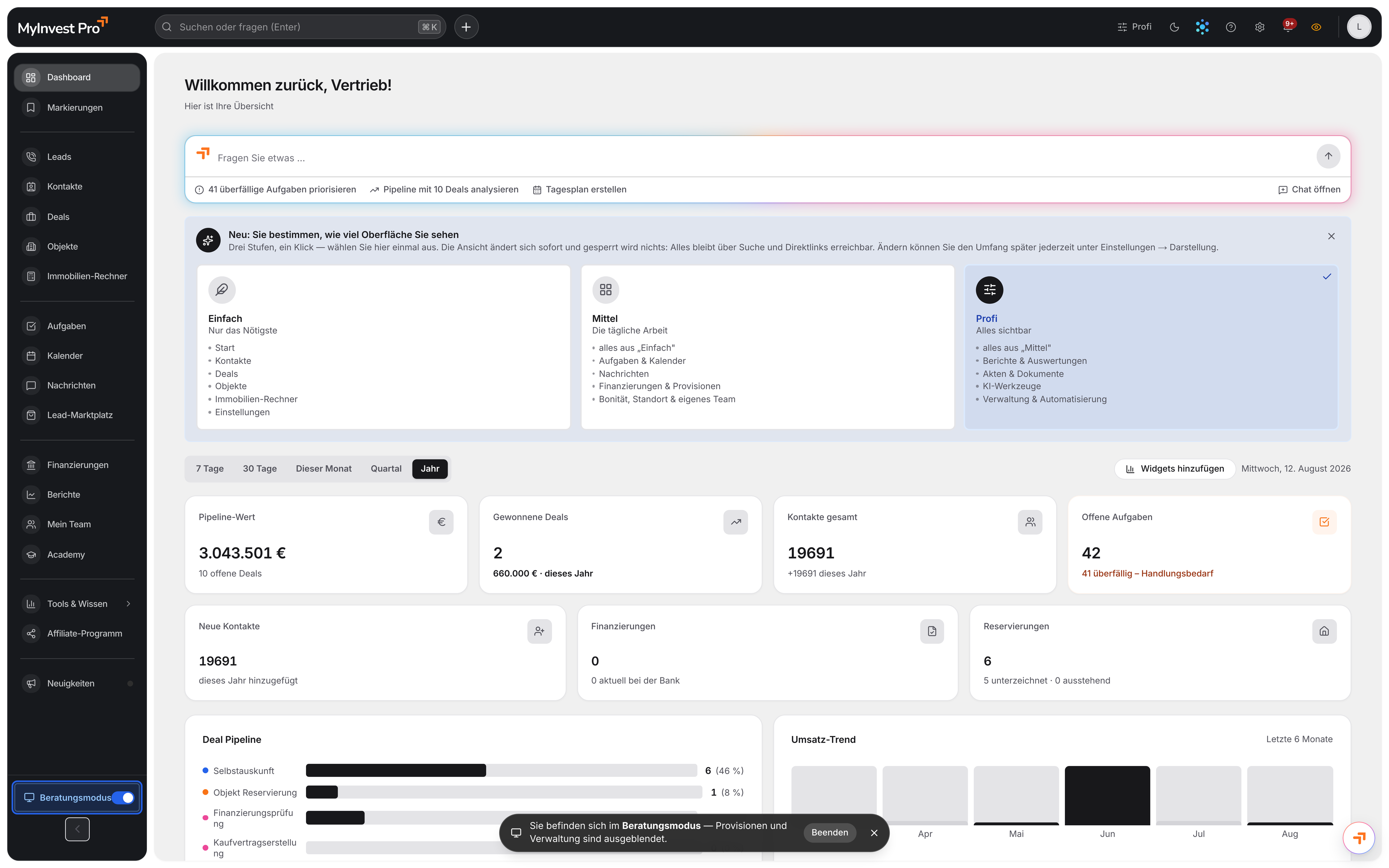 Beratungsmodus in MyInvest Pro mit den Stufen Einfach, Mittel und Profi