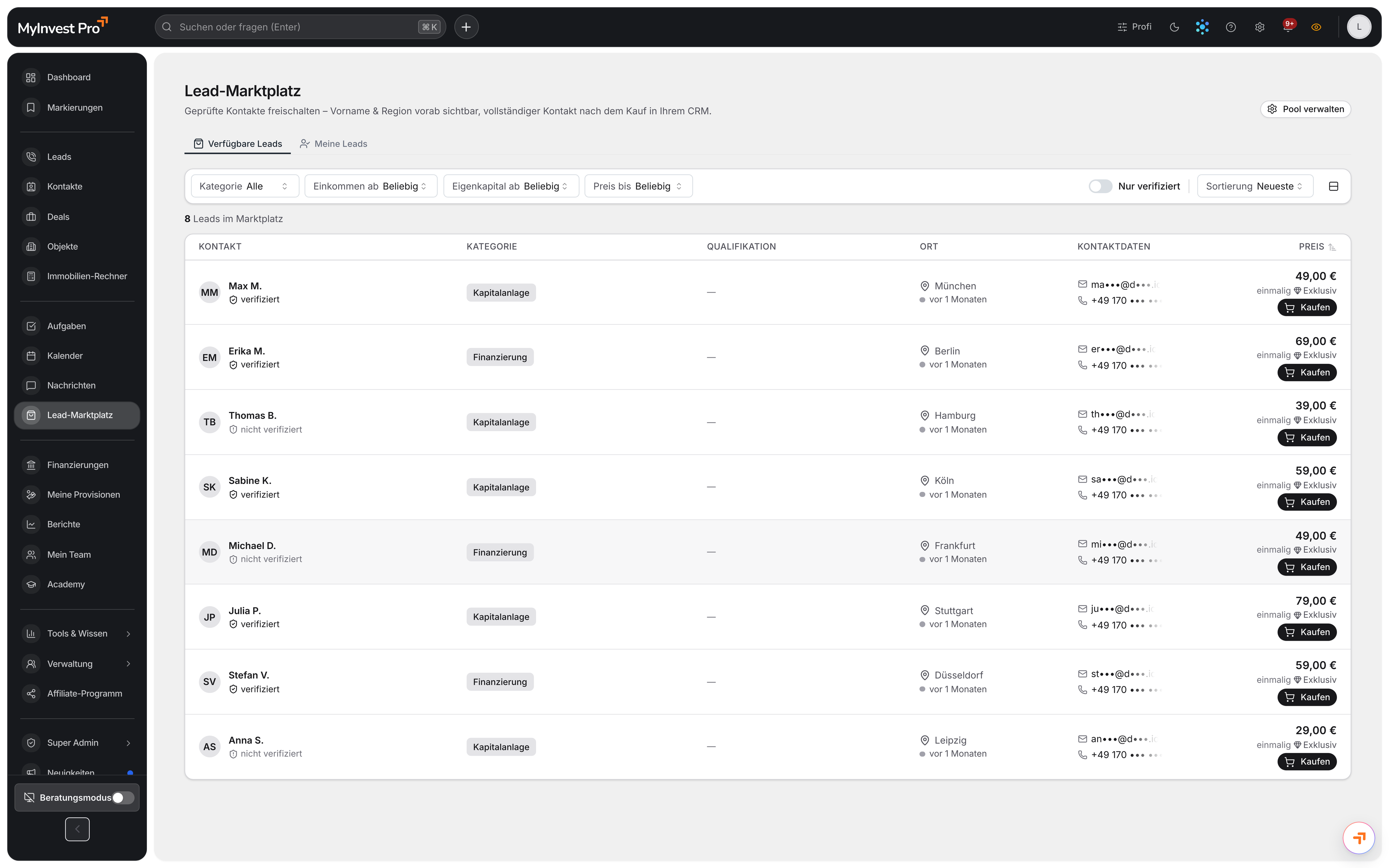 Lead-Marktplatz in MyInvest Pro mit verfügbaren Leads, Filtern und Preisen