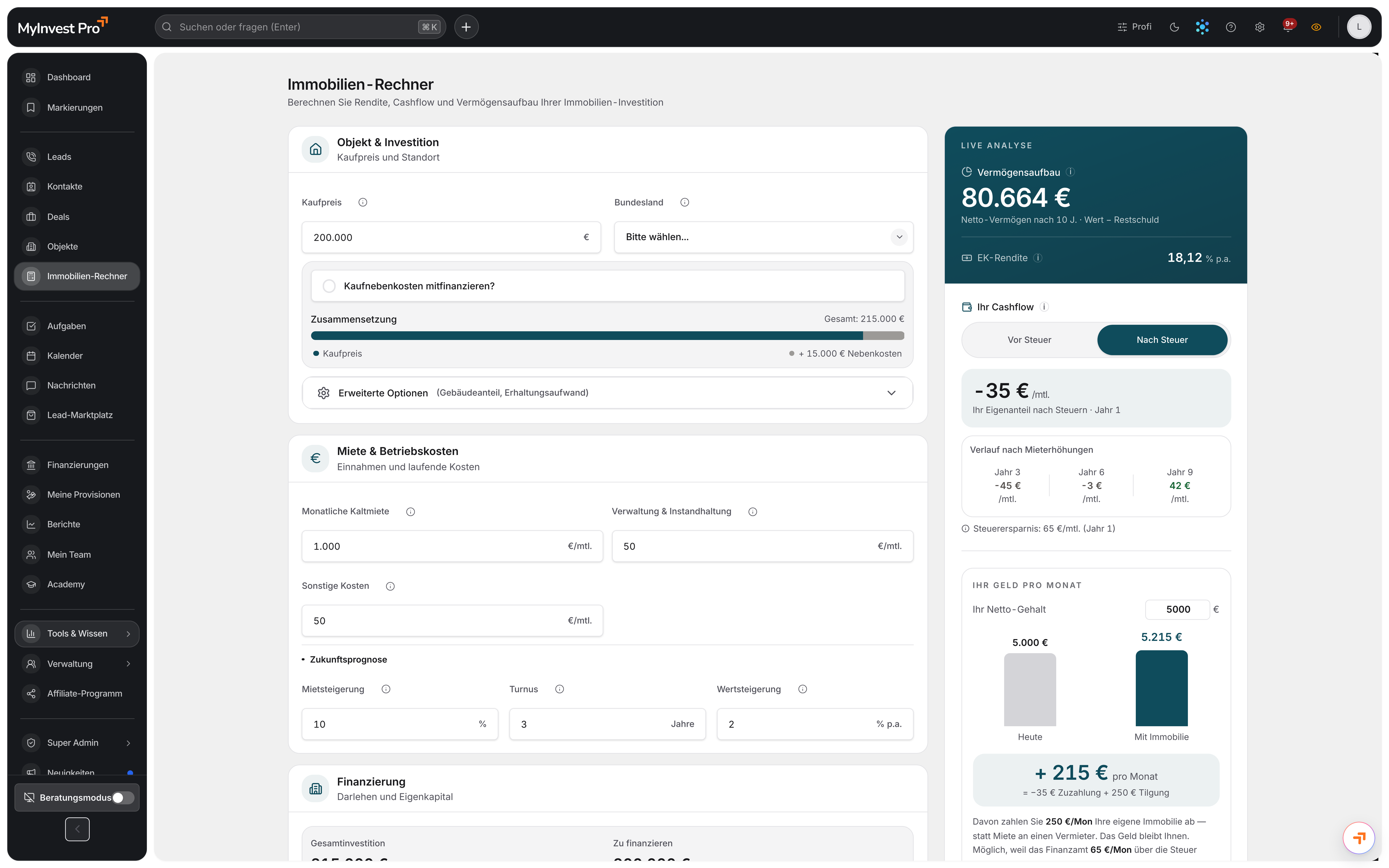 Immobilien-Rechner in MyInvest Pro mit Kaufpreis, Finanzierung und Cashflow